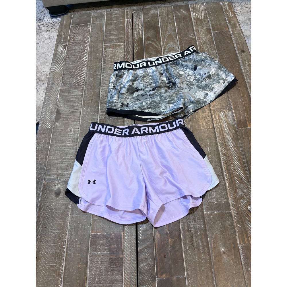 2 pair Under Armour Kids Girls Shorts Athletic Purple Camo Elastic Waist Logo‎